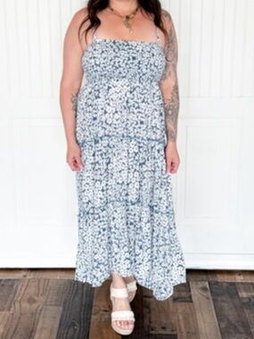 Angie Blue and White Floral Smocked Maxi Dress
